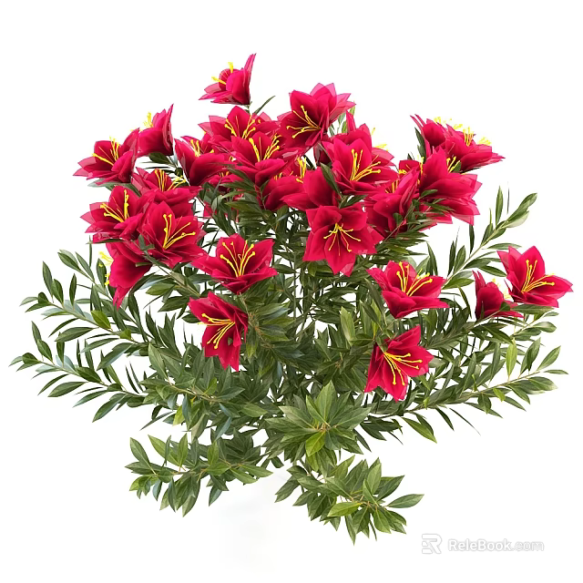 Vibrant Red Flowers With Yellow Stamens And Lush Green Leaves Bouquet 3d model 