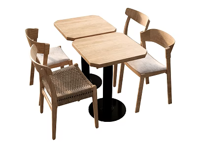 Modern Wooden Table and Chair Set with Square Tables Curved Backrests and Woven Seats 3d model