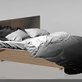 Double Bed With Wooden Headboard Black White Pillows Bedding Small Nightstand Book And LED Light