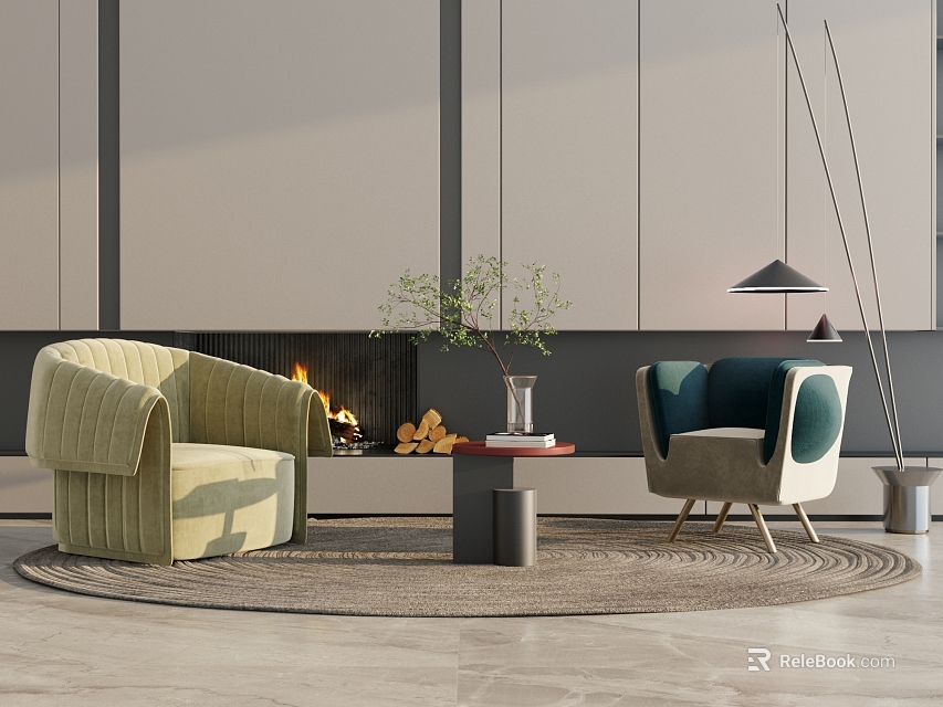 Light Green Teal Beige Single Sofa In Modern Living Room With Fireplace And Coffee Table 3d model 