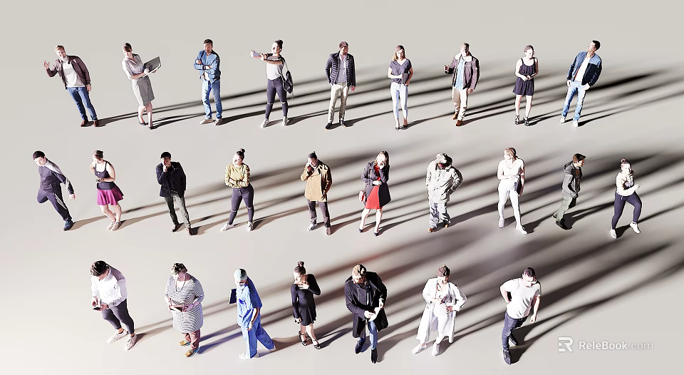 Diverse Group of People in Various Poses Standing on White Background 3d model 