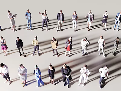 Diverse Group of People in Various Poses Standing on White Background 3d model
