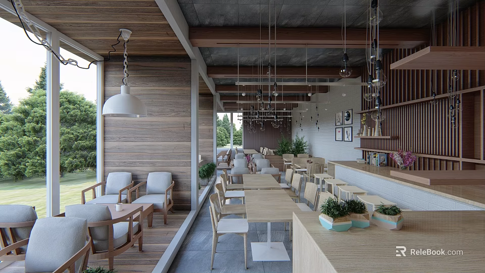 Cozy Café With Wooden Walls Open Space Hanging Lights Outdoor Terrace And Green Plants 3d model 
