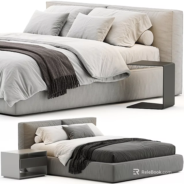 Modern Gray Double Bed With Soft Mattress Pillows And Bedside Table 3d model 