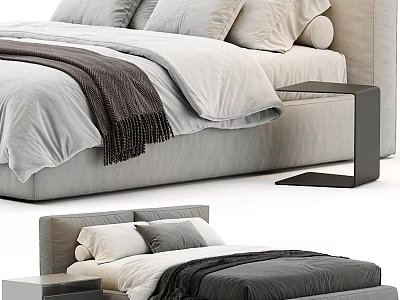 Modern Gray Double Bed With Soft Mattress Pillows And Bedside Table 3d model