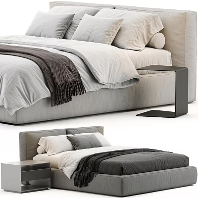 Modern Gray Double Bed With Soft Mattress Pillows And Bedside Table 3d model