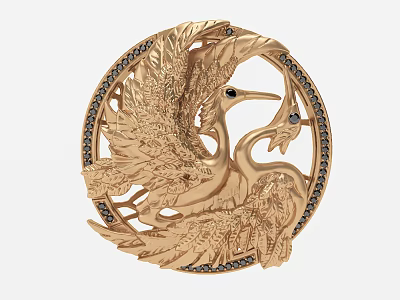 Golden Circular Wall Decor With Carved Cranes And Gemstone Accents 3d model