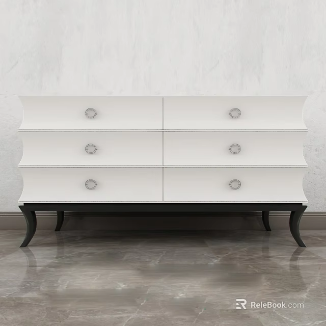 Elegant White TV Stand With Drawers Metal Knobs And Black Legs 3d model 