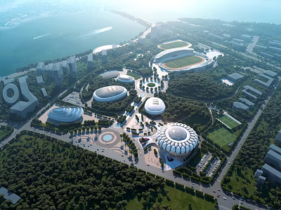 Aerial View of Urban Park Landscape With Round Stadiums Green Areas and Waterfront 3d model