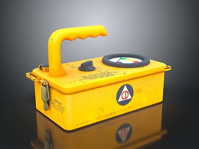 Yellow Portable Handheld Device With Handle Knob Gauge And Warning Sign 3d model