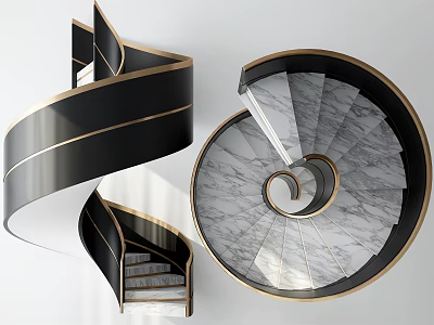 Modern Spiral Staircase With Marble Steps And Black Gold Frame Interior Design 3d model