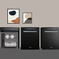 Modern Black Kitchen Dishwashers With Open Door Showing Dishes And Abstract Wall Art
