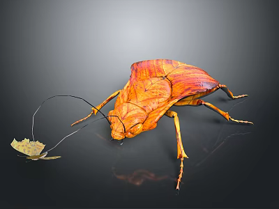 Orange Leaf Insect With Detailed Wing Texture Long Antennae And Small Leaf On Black Background 3d model