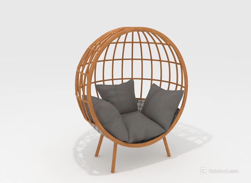Single Seater Rattan Sofa with Spherical Frame Gray Cushions and Wooden Legs 3d model 