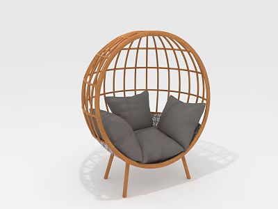 Single Seater Rattan Sofa with Spherical Frame Gray Cushions and Wooden Legs 3d model