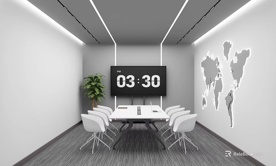 Modern Conference Room Featuring White Chairs Large Screen Showing Time World Map And Plant 3d model 