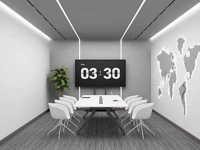 Modern Conference Room Featuring White Chairs Large Screen Showing Time World Map And Plant 3d model