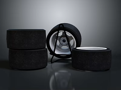 Car Tires Stacked With Metallic Wheel Rim On Dark Reflective Surface 3d model