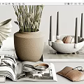 Bohemian Decorative Ornament Set With Clay Vase Dried Plants Shell Shaped Ornament And Wooden Balls