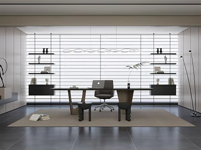 Modern Study Room Interior Design With Slatted Windows Shelves Laptop Chair And Rug 3d model