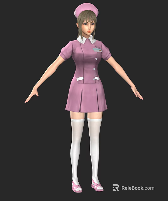 Woman In Pink Nurse Uniform With Short Sleeves White Collar Badge And White Stockings 3d model 