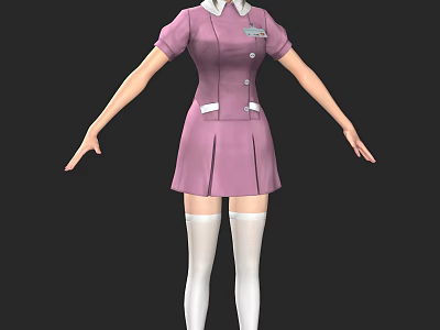 Woman In Pink Nurse Uniform With Short Sleeves White Collar Badge And White Stockings 3d model
