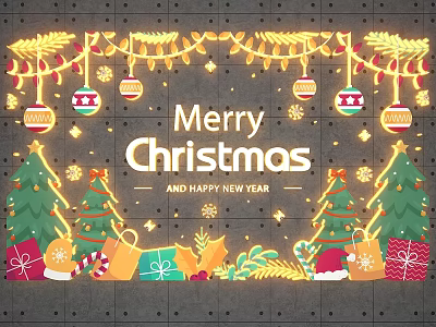 Festive Christmas And New Year Decorations With Trees Gifts And String Lights 3d model