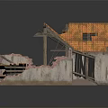Dilapidated Building With Collapsed Roof Exposed Wooden Beams Broken Brick Walls And Floor Debris