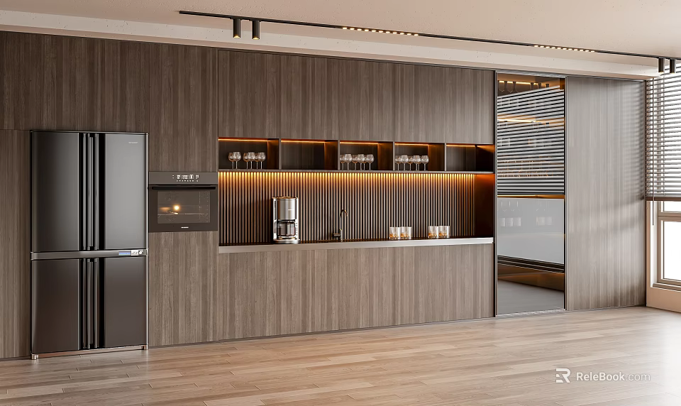 Modern Kitchen Interior With Wooden Cabinets Built-in Appliances And Soft Lighting 3d model 