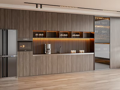 Modern Kitchen Interior With Wooden Cabinets Built-in Appliances And Soft Lighting 3d model