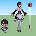 Game Anime Character In Maid Outfit Normal Size And Chibi Version With Magic Staff