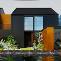 Modern Detached Villa With Dark Roof Large Windows Copper Exterior Greenery And Water Garden
