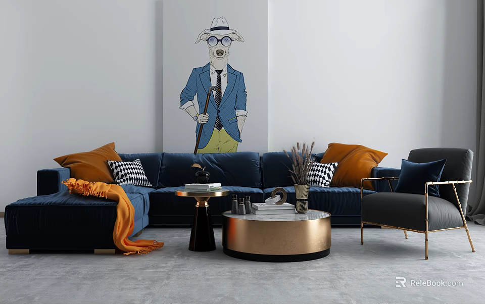 Navy Sofa Coffee Table Combination With Orange Pillows Round Gold Table And Decorative Items 3d model