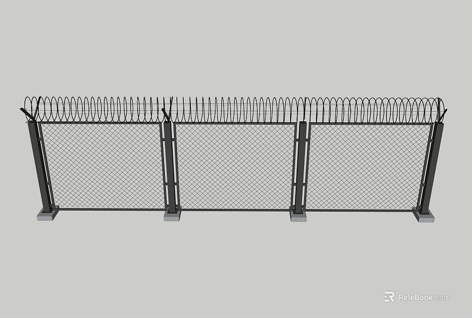 Metal Mesh Fence With Spiked Top Support Posts And Base For Outdoor Security 3d model 