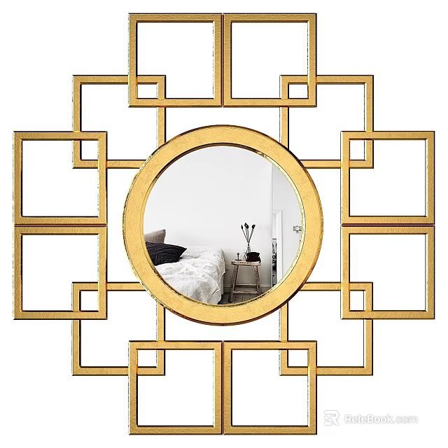 Decorative Round Mirror With Gold Geometric Frame For Home Wall Decor 3d model 