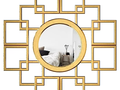 Decorative Round Mirror With Gold Geometric Frame For Home Wall Decor 3d model