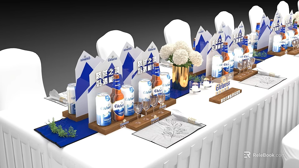 Elegant Check in Desk Setup With Sign in Boards Flowers And Beverage Supplies 3d model 