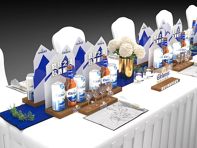 Elegant Check in Desk Setup With Sign in Boards Flowers And Beverage Supplies 3d model