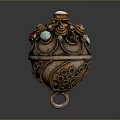 Intricate Golden Carved Jewelry Pendant With Turquoise Ruby Green Gemstones And Floral Patterns