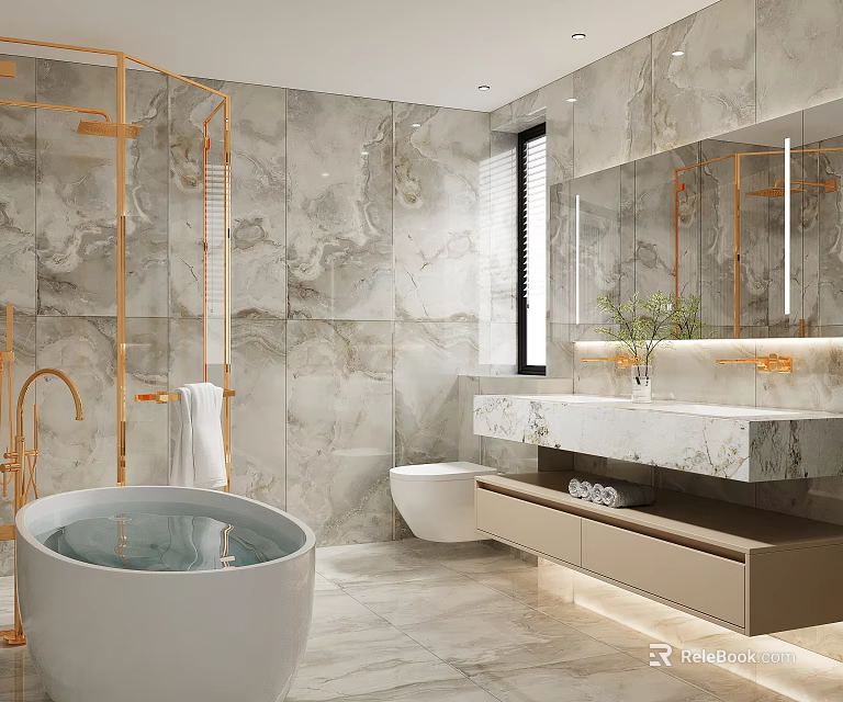 Modern Luxury Bathroom With Polished Marble Surfaces Gold Fixtures Freestanding Tub And Wall Mounted Vanity 3d model 