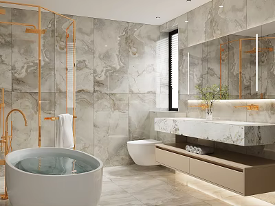 Modern Luxury Bathroom With Polished Marble Surfaces Gold Fixtures Freestanding Tub And Wall Mounted Vanity 3d model