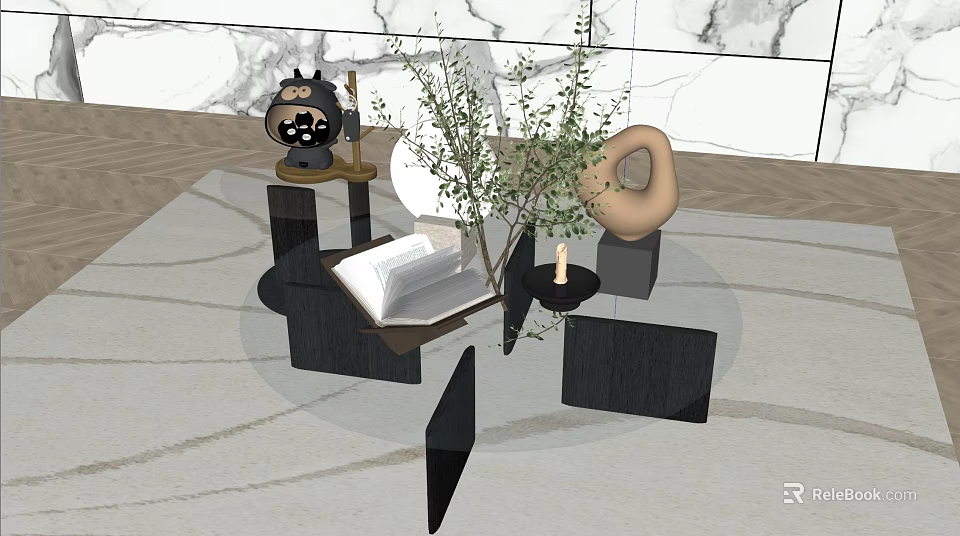 Modern Coffee Table With Open Book Green Plant Candle And Round Decor 3d model 