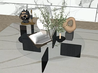 Modern Coffee Table With Open Book Green Plant Candle And Round Decor 3d model
