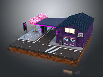 Cartoon Street Scene Featuring Purple Building Black Roof Pink Cherry Blossom Tree And Roadside Sign 3d model