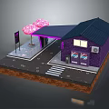 Cartoon Street Scene Featuring Purple Building Black Roof Pink Cherry Blossom Tree And Roadside Sign