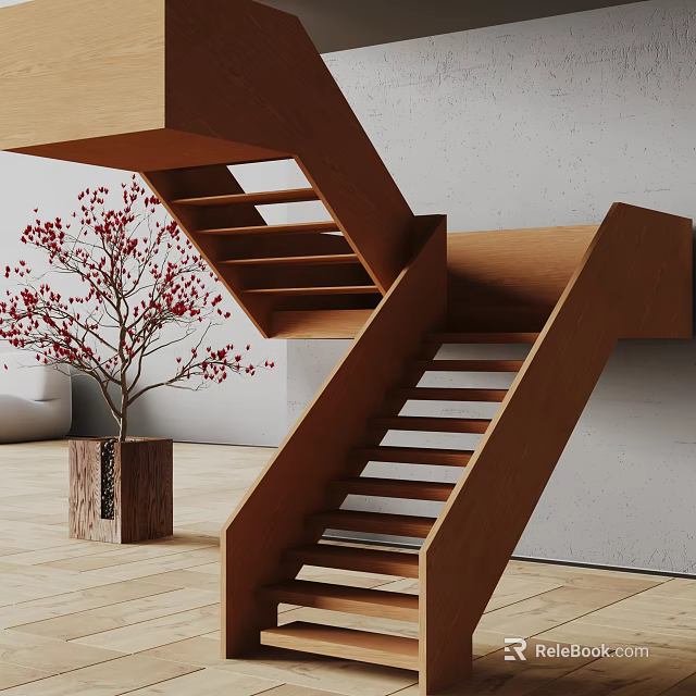 Wooden Stairs With Small Tree Red Flowers In Wooden Planter Against White Wall Wooden Floor 3d model 