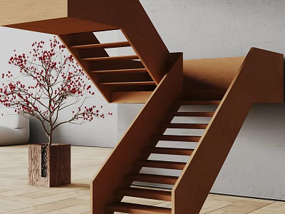 Wooden Stairs With Small Tree Red Flowers In Wooden Planter Against White Wall Wooden Floor 3d model
