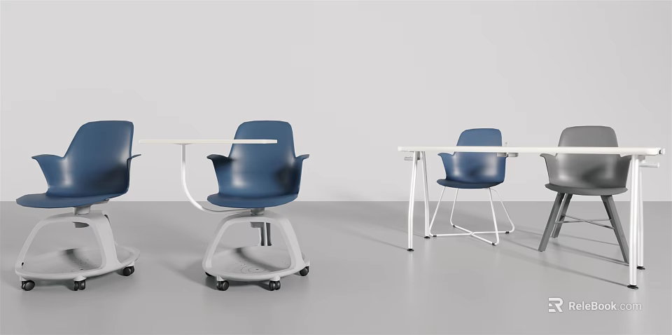 Modern Office Desk Design With Blue Chairs And Different Chair Styles 3d model 