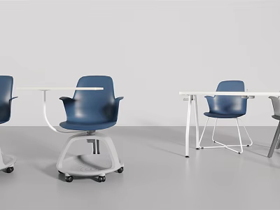 Modern Office Desk Design With Blue Chairs And Different Chair Styles 3d model
