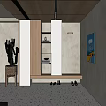 Modern Entryway Hallway With Potted Cactus Wooden Shelves Decorative Painting Stored Shoes And Terrazzo Floor